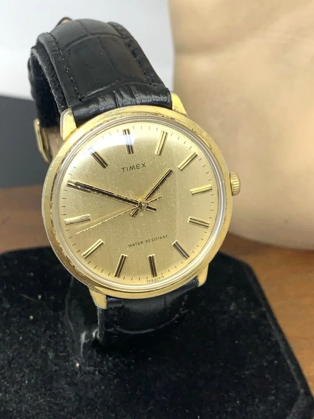 Timex Men's Watch Vintage Manual Wind Gold Dial Black Leather Strap 35mm